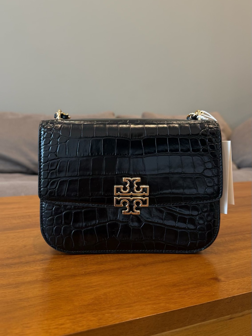 Tory Burch Black Croc-Embossed Shoulder Bag with Gold Logo